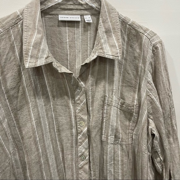 Susan Graver Long Sleeve Button Down Linen Shirt XL Tan Stripe Lagenlook - Picture 3 of 7
